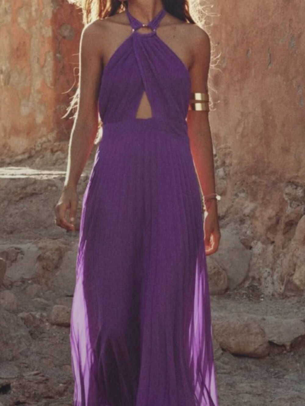 ZARA Purple Halter Maxi Dress with Gold Detailing